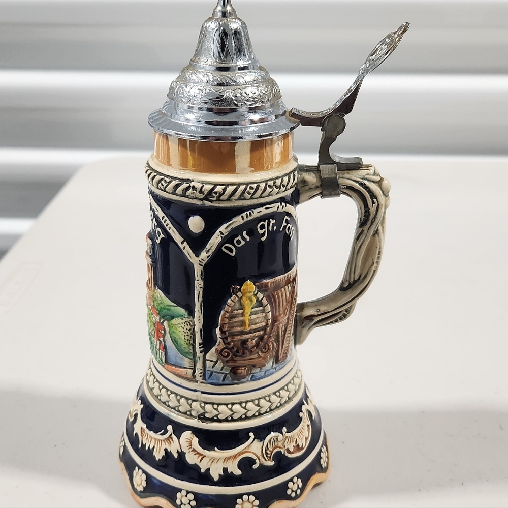 Hand-Painted Ceramic Beer Stein with Pewter Lid - Navy & Cream